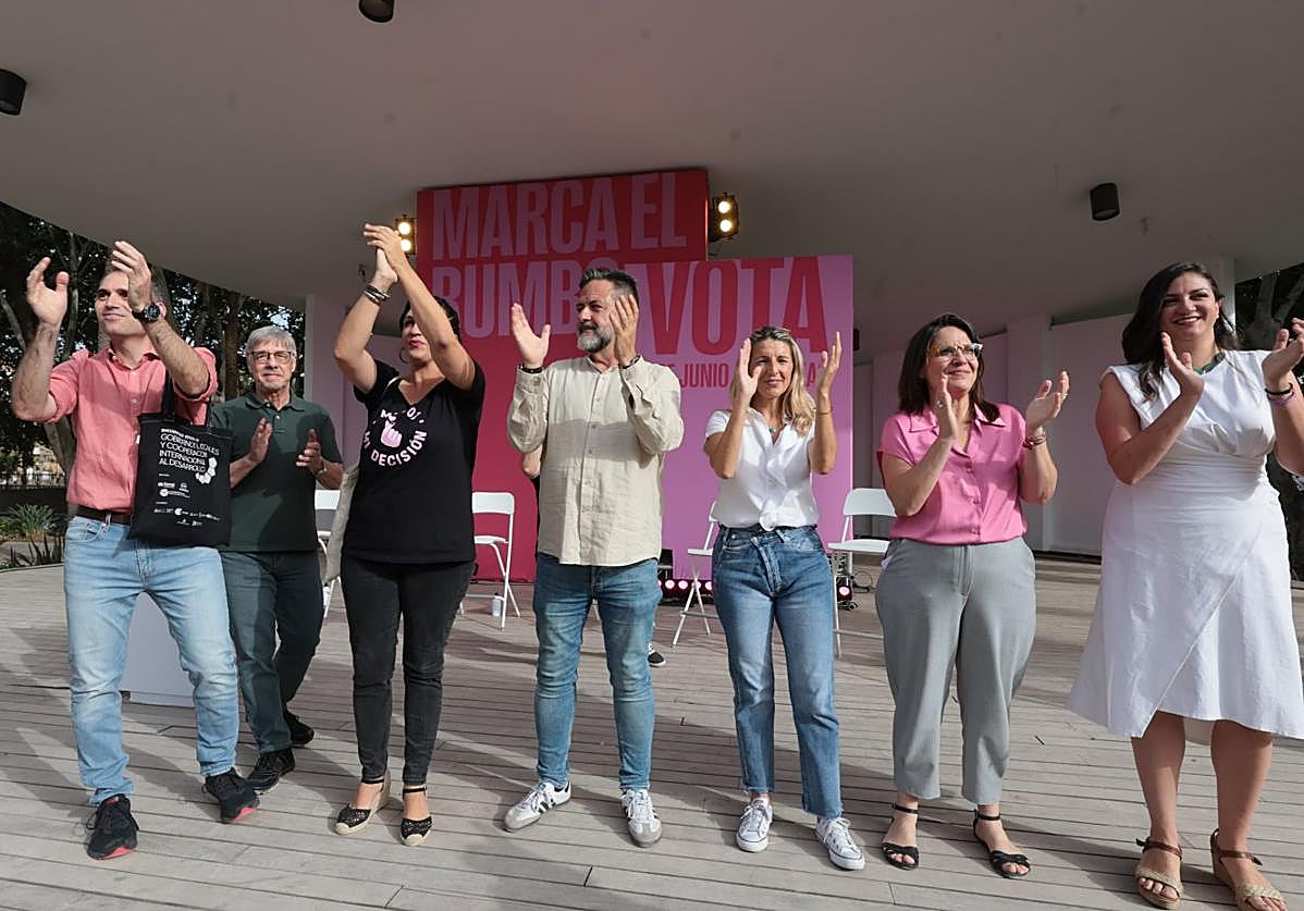 Imagen principal - Y olanda Díaz, centre, top photo; Pablo Iglesias (left photo) and Abascal (left of right photo) with Vox Euro candidate Jorge Buxadé. 