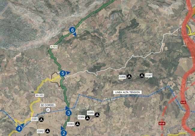 Map showing the three wind farm projects proposed in the Antequera region.