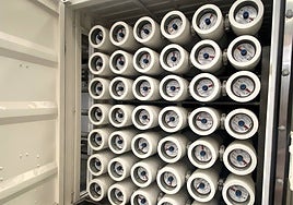 Interior view of filtration membranes mounted on frames of the desalination plant.