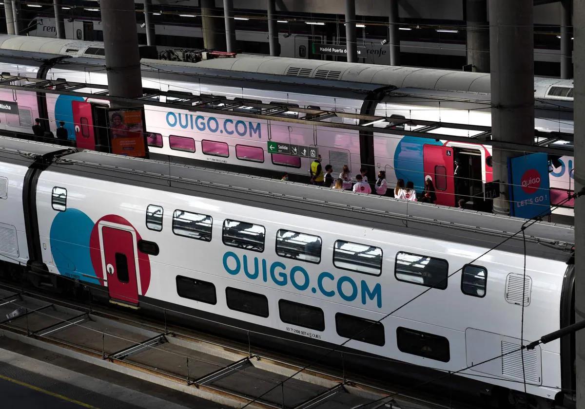 Ouigo double-decker high-speed trains at Madrid railway station.