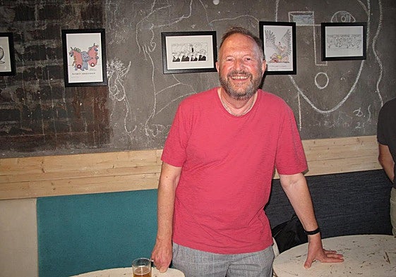 British artist Andrew Birch at the inauguration of the exhibition of his cartoons in Malaga.