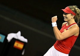 Paula Badosa representing Spain in a previous BJKC match.