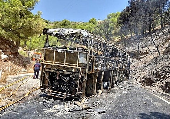 All that remains of the bus that caught fire.