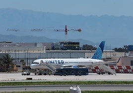 United Airlines plane from New York, at Malaga Airport.