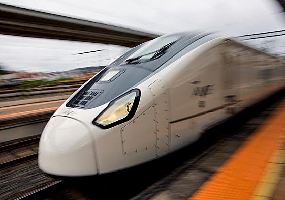 High-speed train in railway station in Spain.