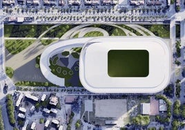 Aerial view of the proposed new stadium, designed by architecture firm Morph.