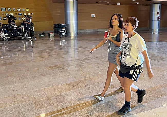 Actress Olivia Cooke, with a technician, during yesterday's filming.