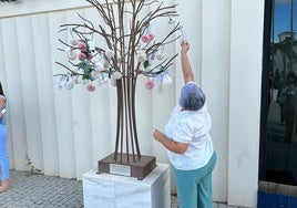 A woman placing a flower on the Árbol de las Ausencias.