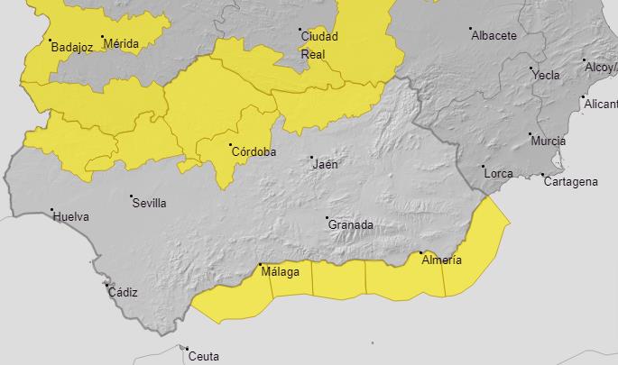 Yellow weather warnings along south coast of Spain on MOnday, 7 October.