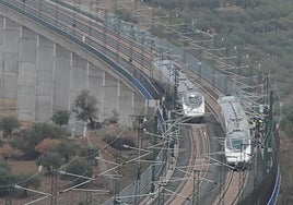 A train passes by the derailed train.