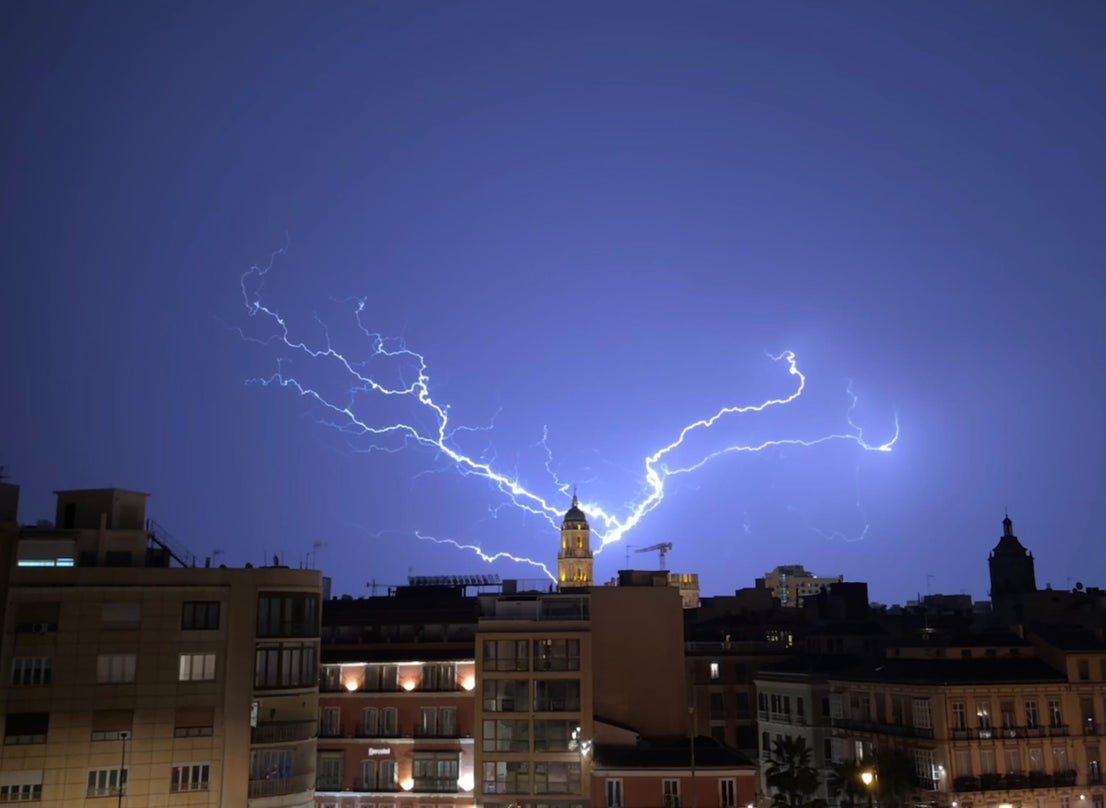 Lightning with Malaga Cathedral in the foreground