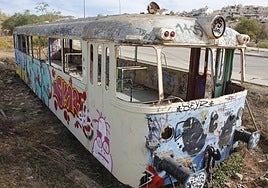 The old ferrobus, abandoned and vandalised, in the grounds of the future Mediterranean park.