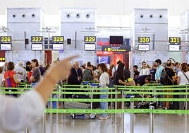 File image of passengers waiting with their luggage at the check-in desks.