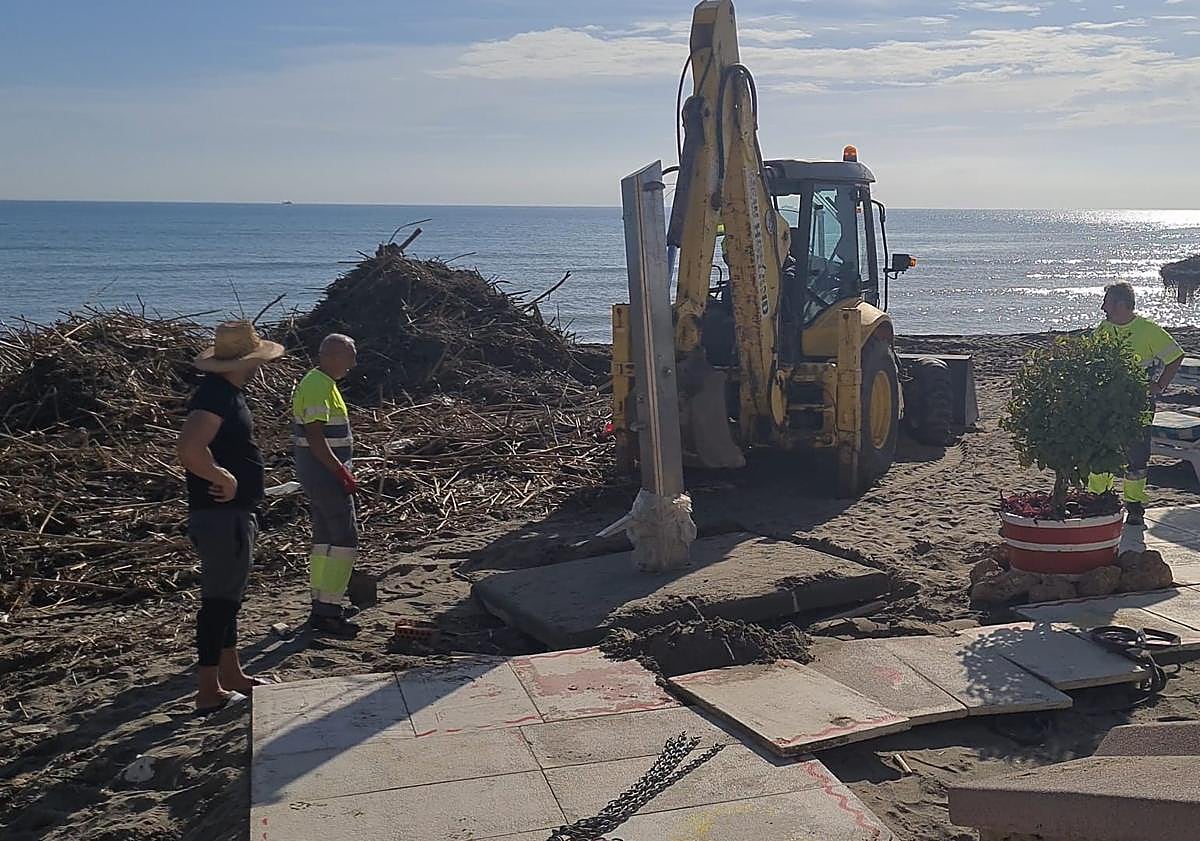 Imagen principal - Municipal workers in Torremolinos remove broken slabs and canes in La Carihuela.
