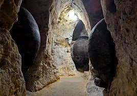 Large earthenware storage jars or amphorae inside the Arab caves of Brihuega