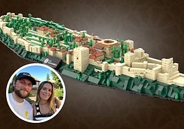 Full view of Vincent's digital Lego version of the Alhambra, which took four months to design. (Inset photo) Vincent and Fabia, on their visit to the Alhambra.