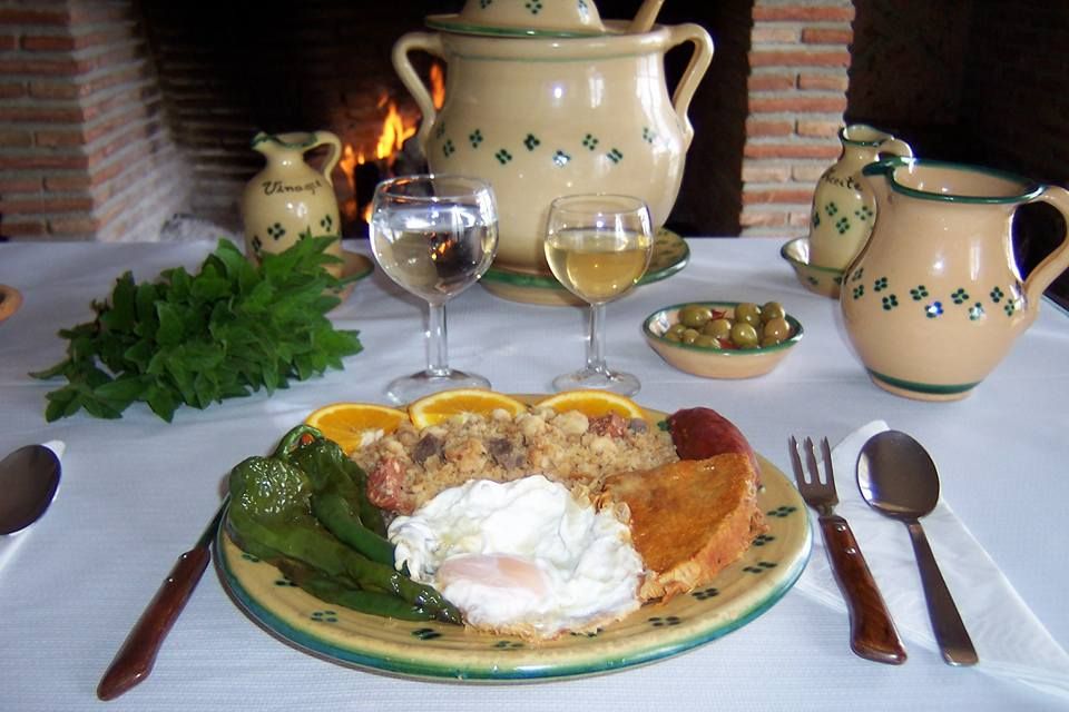 Migas on a table near the fireplace at the Atalaya restaurant.
