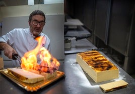 David Verdú finishes off the turrón de yema (toasted egg yolk nougat) prepared at Daver in Ronda.