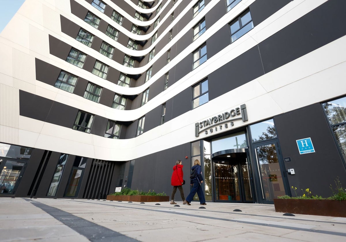 Entrance to the Staybridge Suites hotel, which is already welcoming its first guests.