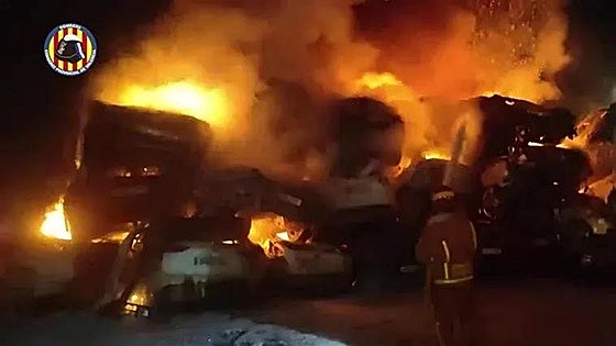 Massive fire destroys dozens of vehicles on plot of land where they were being stored following 'Dana' disaster in Valencia