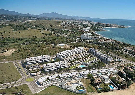 Aerial recreation of the new luxury residential complex in Estepona.
