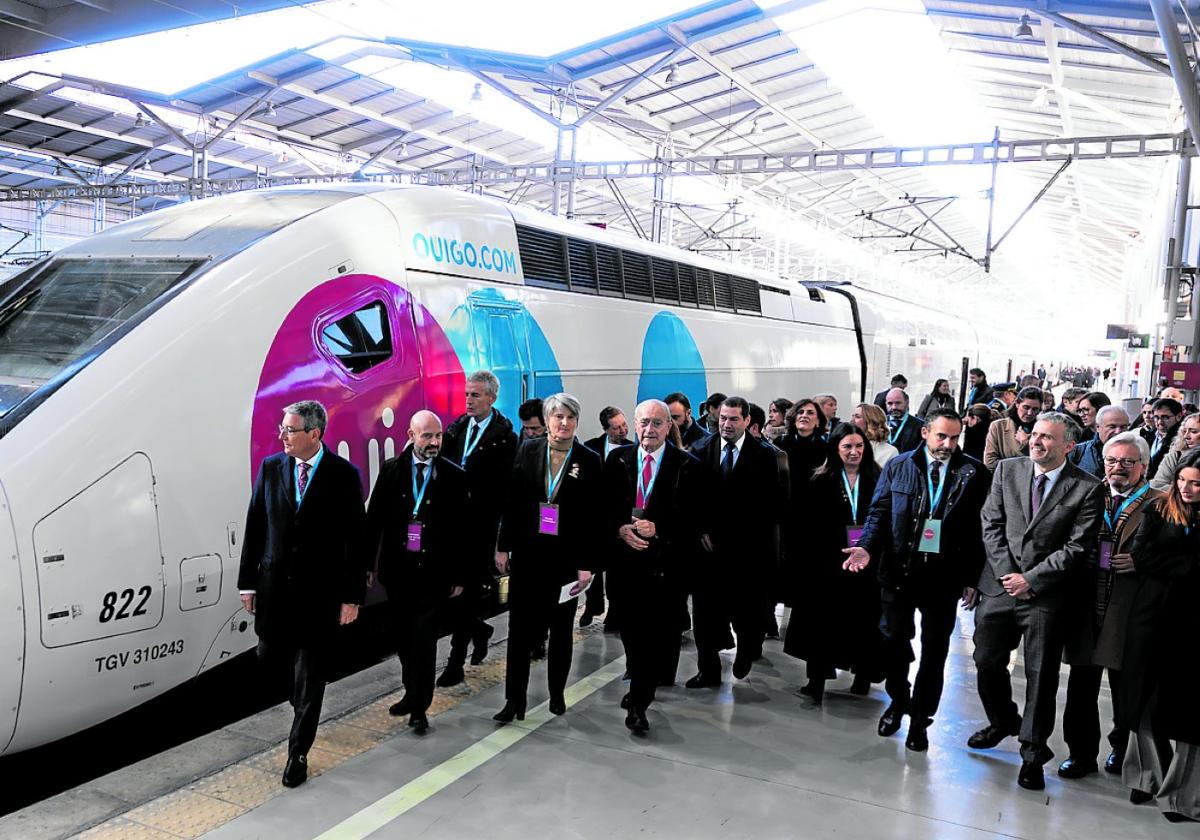 Authorities and Ouigo representatives at María Zambrano station in Malaga on Wednesday.