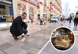 One of the tests carried out this week on the pavement in Calle Larios. Inset: File image of one of the Semana Santa processions in the city.
