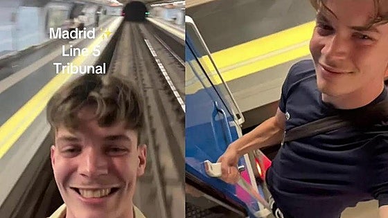 This is the moment a French tourist filmed himself dangling from last carriage of Madrid metro train