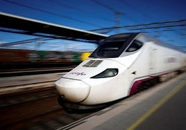 A Renfe 130 series Talgo Bombardier train arrives at Miranda de Ebro station.