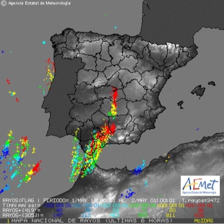 Amet map of lightning strikes recorded during the early hours of this morning.