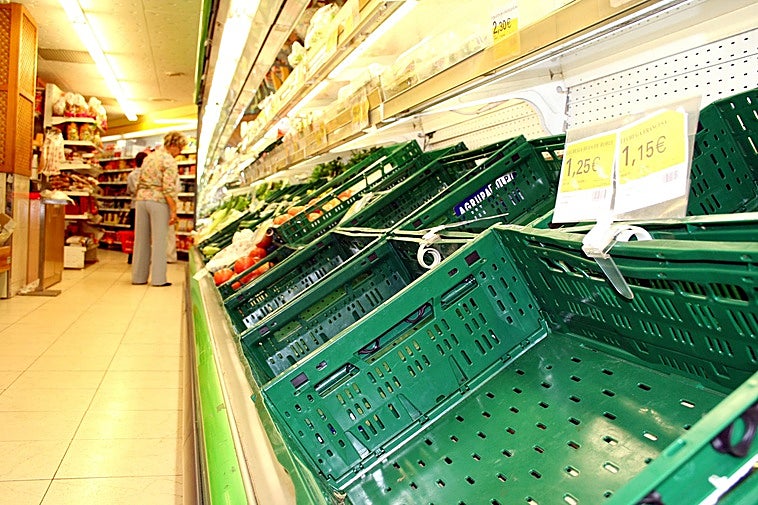 Empty supermarket shelves.