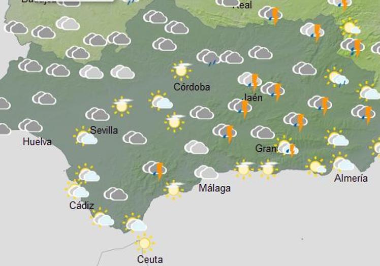 Rain forecast for Andalucía at 1pm today (Thursday).