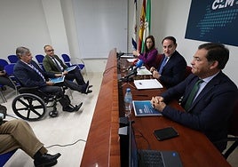 Natalia Sánchez, vice-president of CEM; Javier González de Lara, president; and Juan Manuel Rosillo, vice-president of the organisation; president of ACP; José Carlos Escribano, president of the chamber of commerce, in a wheelchair due to an accident.