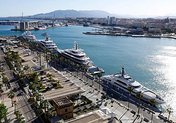 Megayachts lined up at Muelle Uno in Malaga's port.