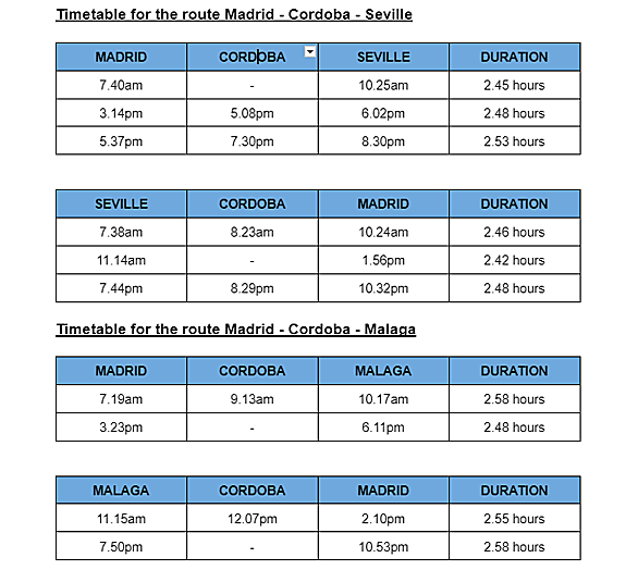 Timetables of routes with cheap trains this summer.