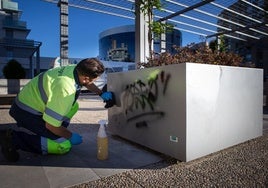 Cleaning a flowerpot in the Gerardo Cuerva square.