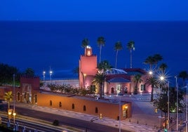 View of El Bil Bil castle and its surroundings at night.