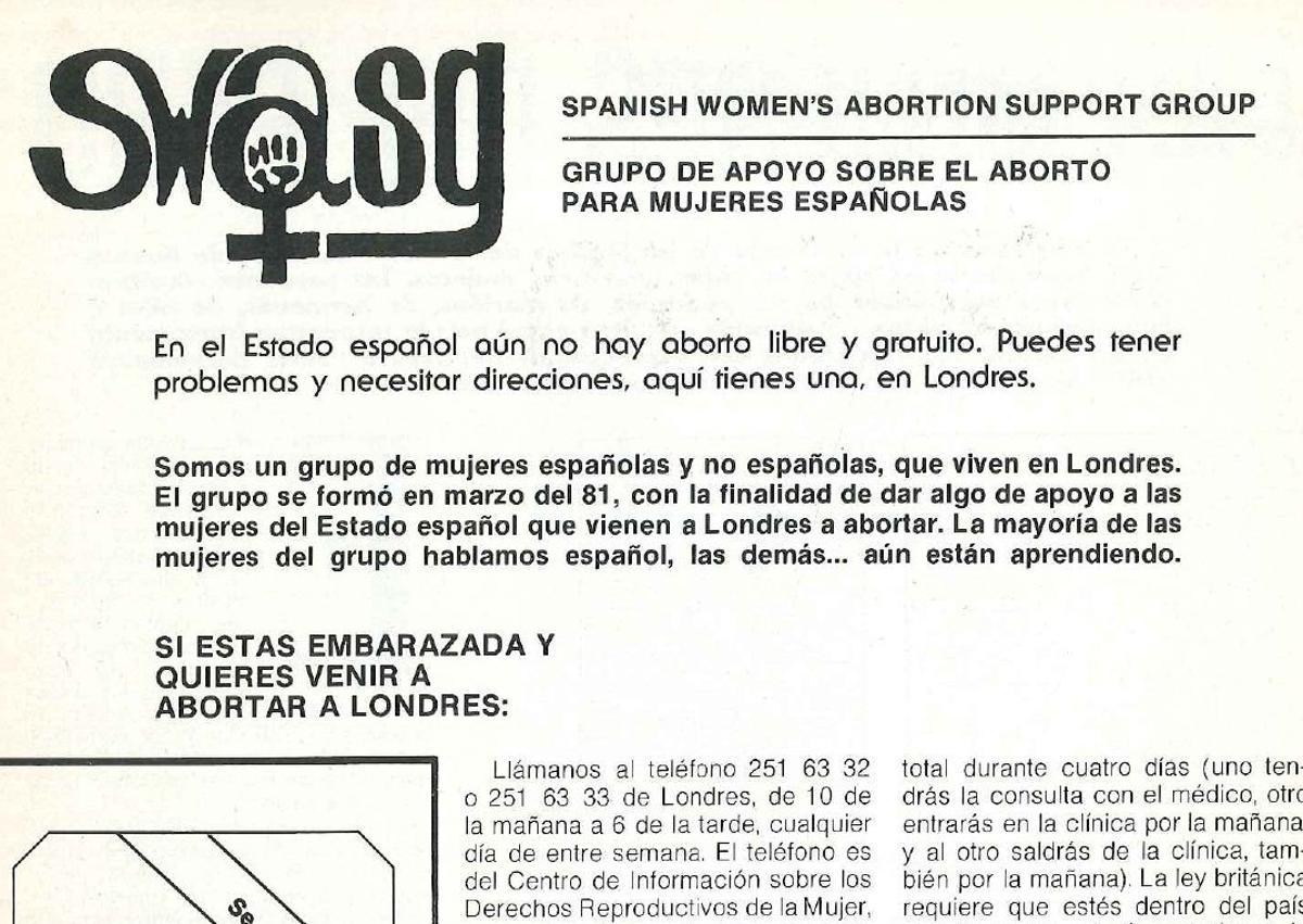 Imagen secundaria 1 - Clipping from the SUR newspaper archive featuring the news of the opening of the Librería de Mujeres in the early 1980s; a page from a Madrid-based feminist magazine reporting on the SWASG collective; and the cover of the book Nuestros Cuerpos, Nuestras Vidas (Our Bodies, Our Lives).