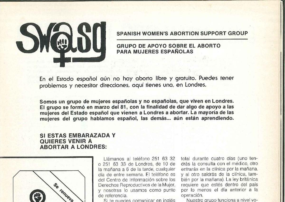 Imagen secundaria 1 - Cutting from the SUR archive announcing the Librería de Mujeres opening, at the beginning of the 80s; a page of a feminist magazine in Madrid, giving information on the SWASG collective; and the front cover of the book Nuestros Cuerpos, Nuestras Vidas (Our Bodies, Our Lives).