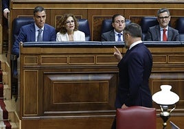Vox leader Abascal points a finger at Sánchez (l) and top ministers.