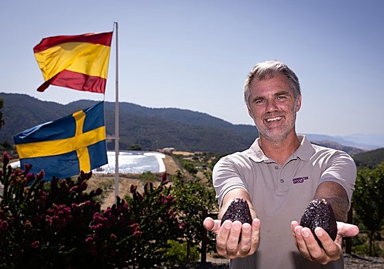 Pelle Lundborg, at his farm Solmark in Carratraca, shows two avocados from his harvest.