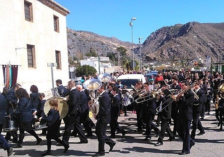 Members of the music band of Alboloduy during a procession.