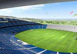 Recreation of the stadium project, which would have its south façade open to views of the city and the sea.