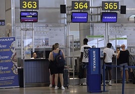 Ryanair check-in desks at Malaga Airport.