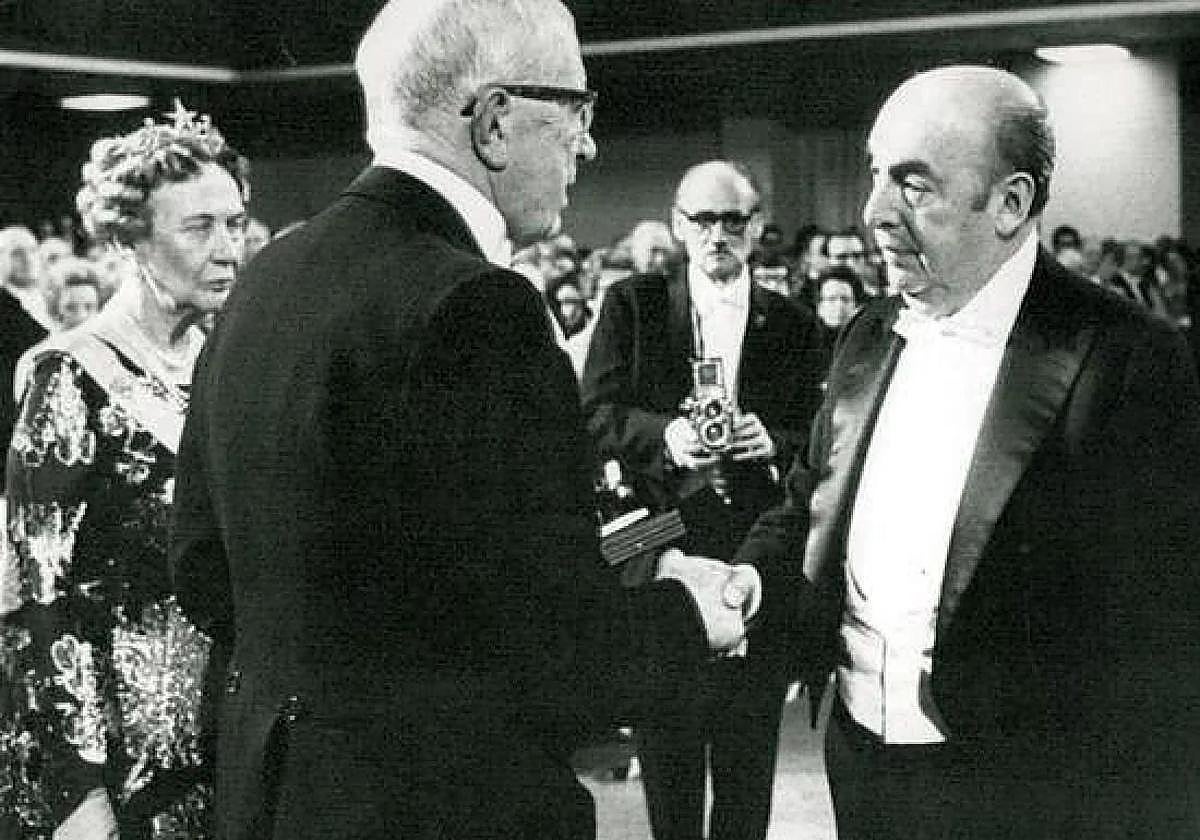 Chilean poet Pablo Neruda receiving the Nobel Peace Prize.