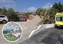 Firefighters, Guardia Civil and health workers, in the area of the incident. In the centre, the affected house.