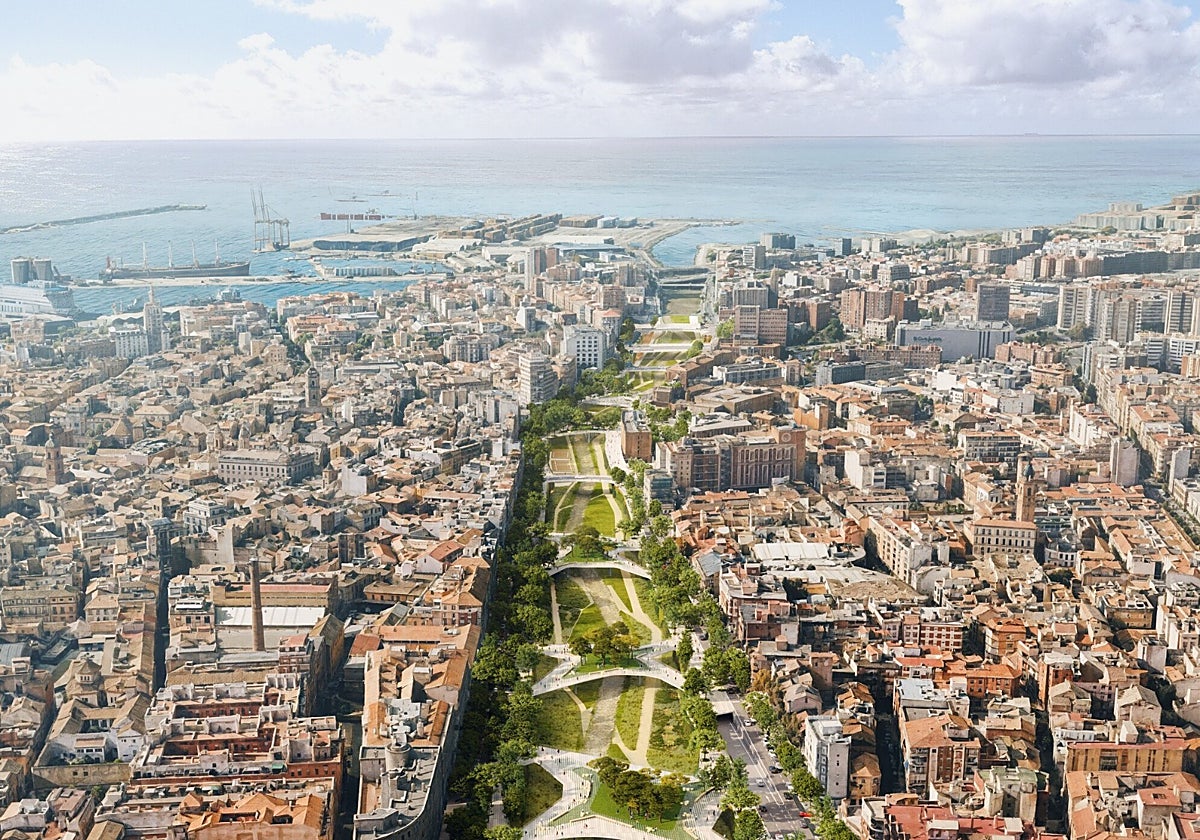 Simulation of the chosen proposal for the 'plaza-bridges' and the urban course of the riverbed.