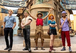 Taz Skyler (first from left), along with Mackenyu, Iñaki Godoy, Emily Rudd and Jacob Romero on the set of the second season of One Piece.