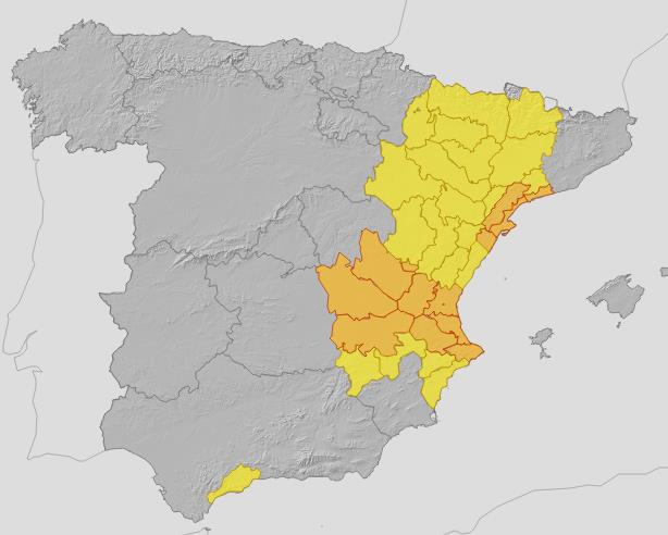 Areas of Spain under yellow and amber weather alerts from midnight Sunday through Monday 29 September.