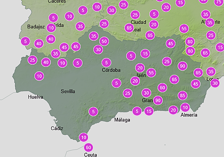 Chance of rain in Andalucía this Thursday until 6pm.